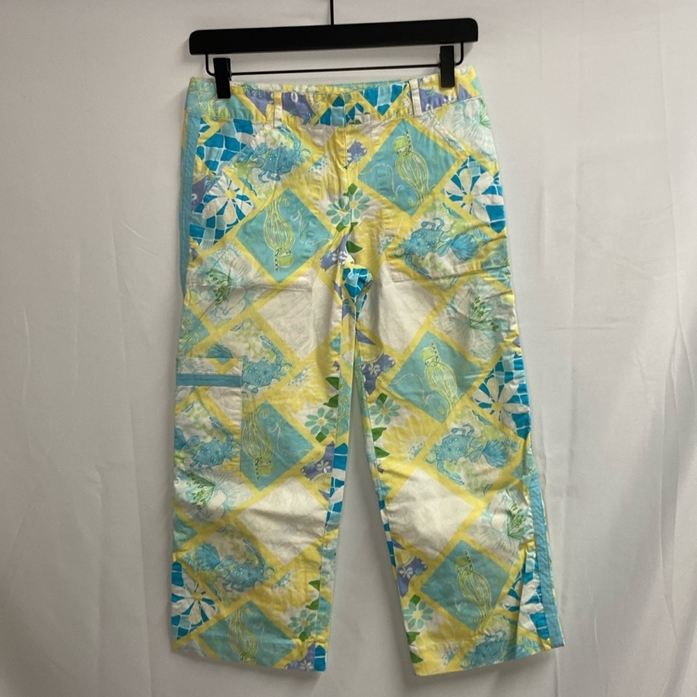 Lilly Pulitzer Vintage Patchwork Octopus Crab Ocean Capri Pants Blue Size 2
